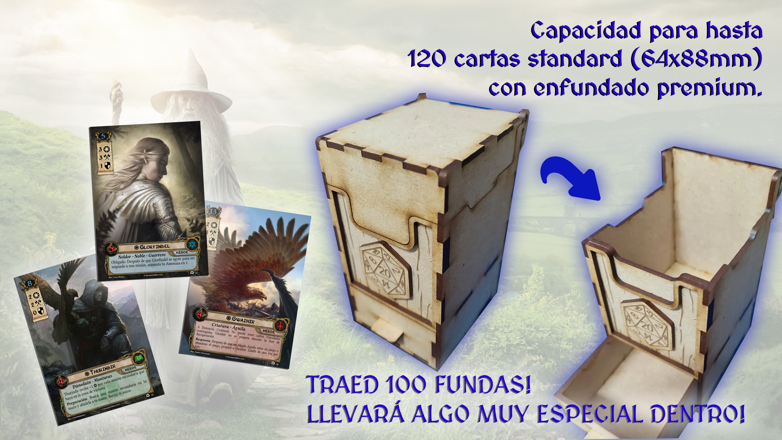 Imagen del kit con la caja (logo pendiente) y las promos de Glorfindel Espíritu, Gwaihir y Thurindir